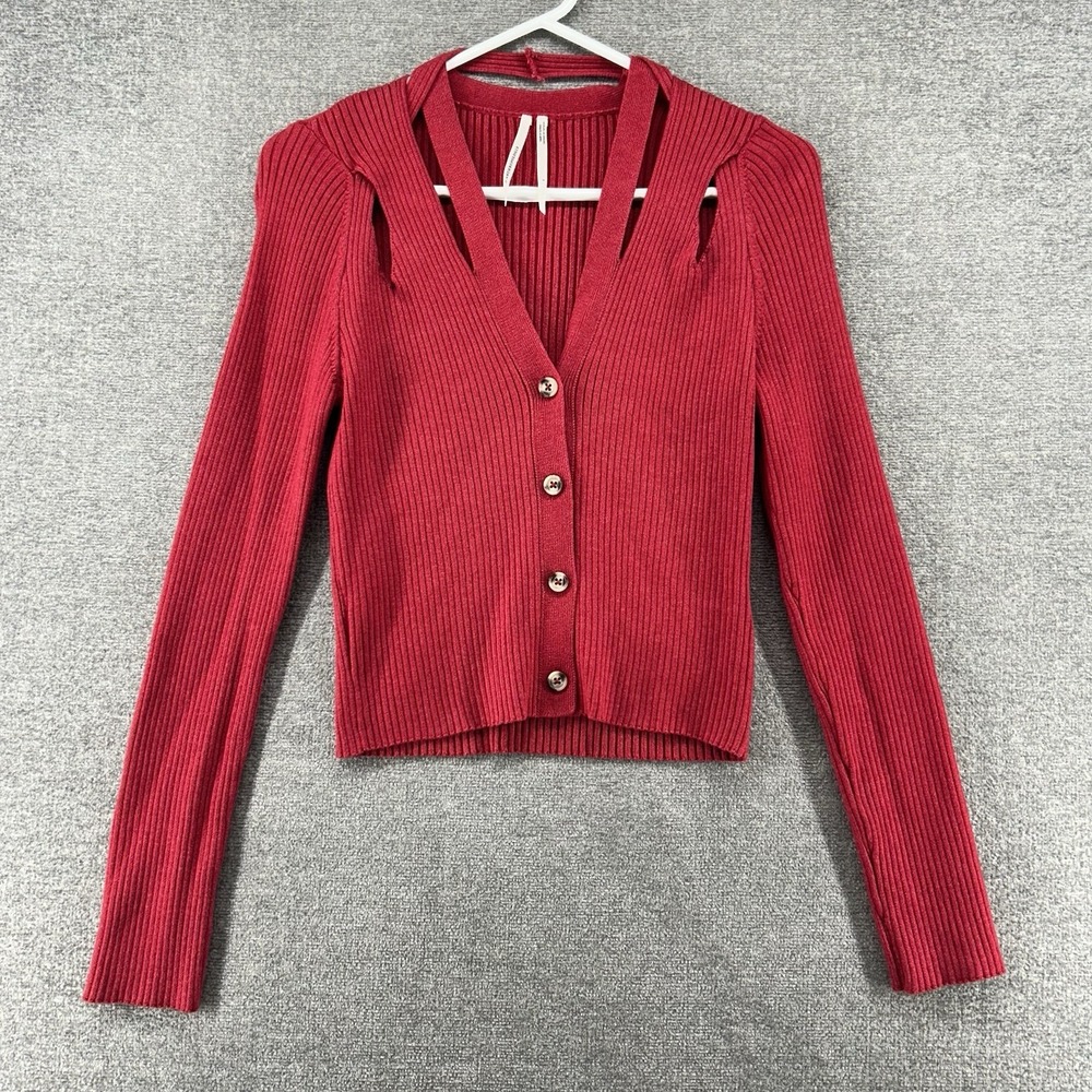 Anthropogie Cropped Top Red Knit Size Small V Neck Long Sleeve